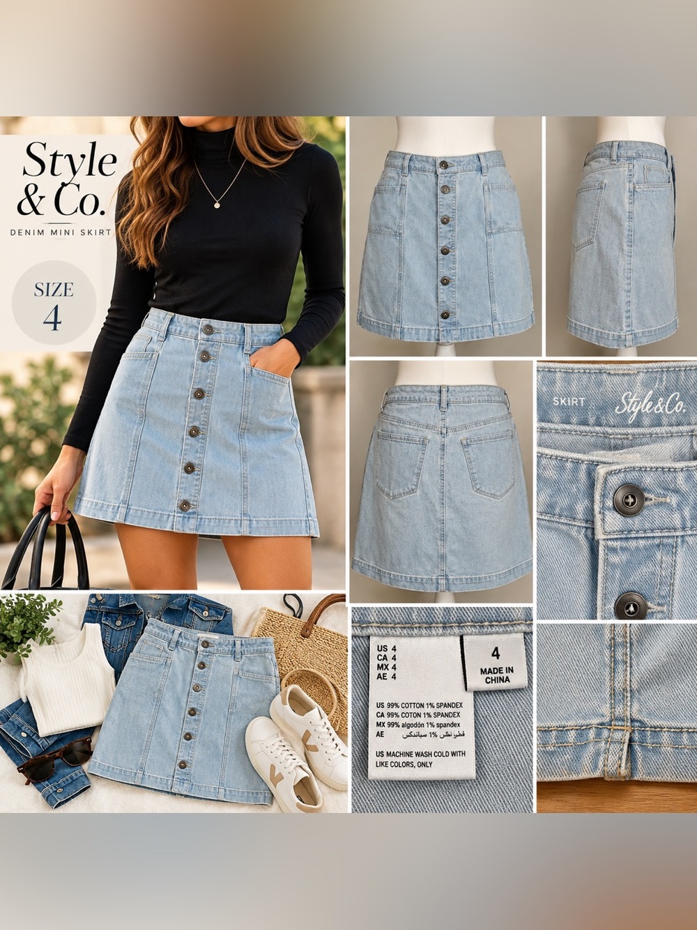Style & Co Light Wash Button Front Denim A-Line Skirt Size 4